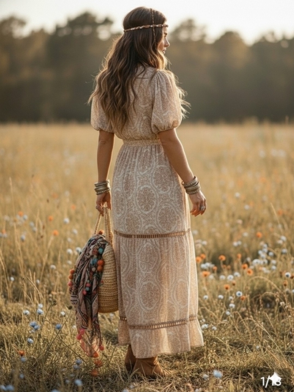 Boho Cream Paisley Maxi Dress Puff Sleeves-NWOT - Picture 3 of 11